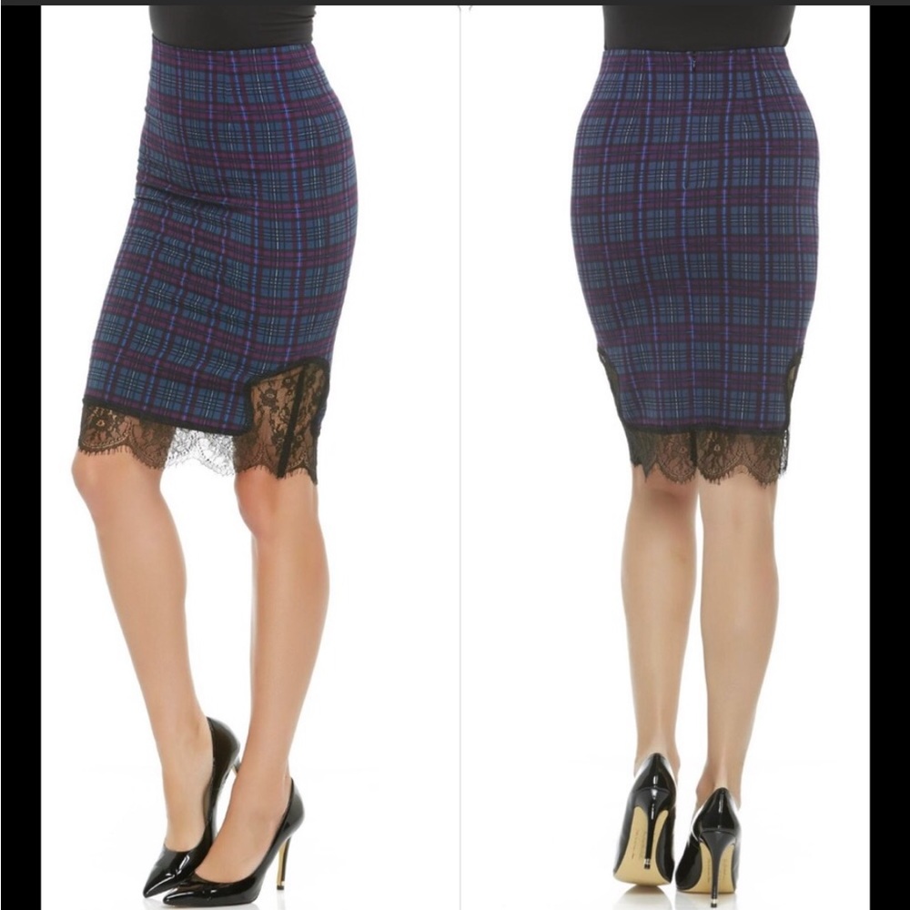 KARDASHIAN KOLLECTION Plaid Pencil Skirt with Lace Trim Size L